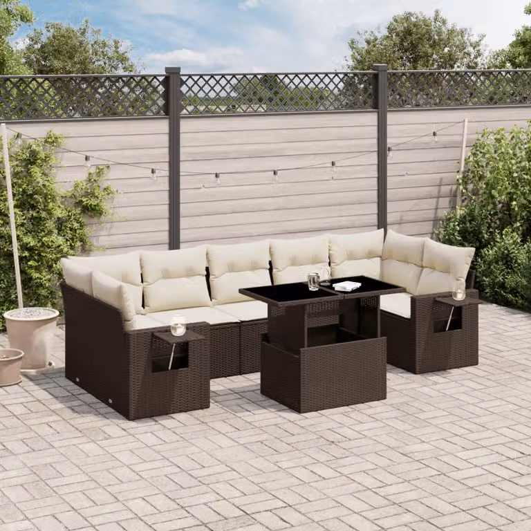vidaXL Set Divani da Giardino 8 pz a Forma a L in Polyrattan Marrone con Cuscini e Tavolino da Esterno