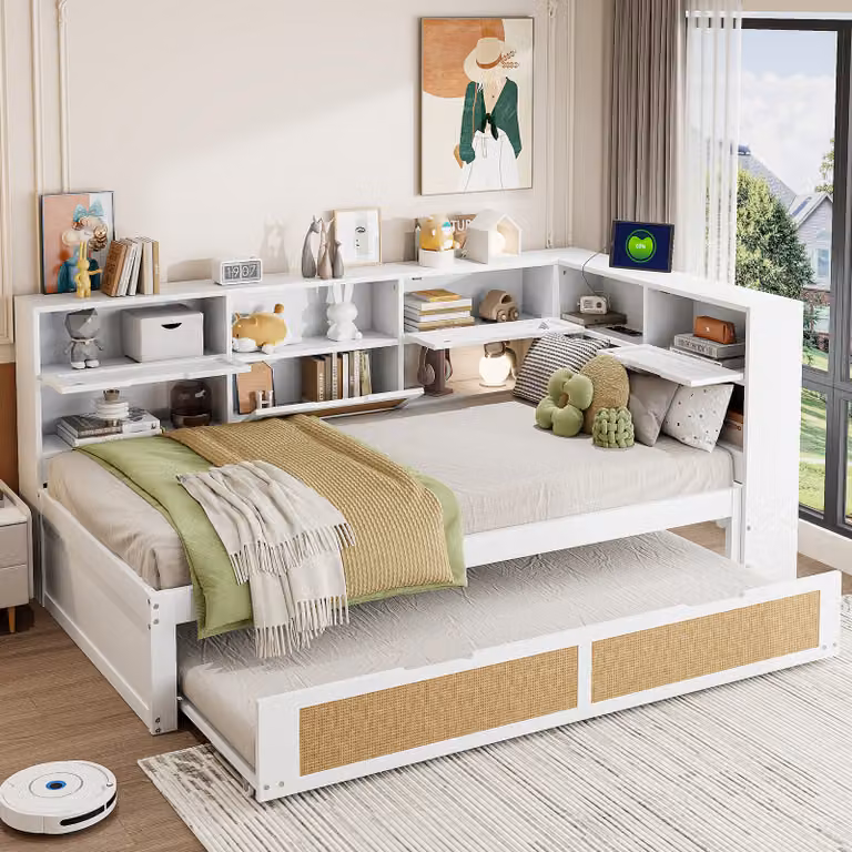 Abrihome 90x200cm day bed Divano letto con letto estraibile 90x190cm, libreria e contenitore con rete a doghe, bianco