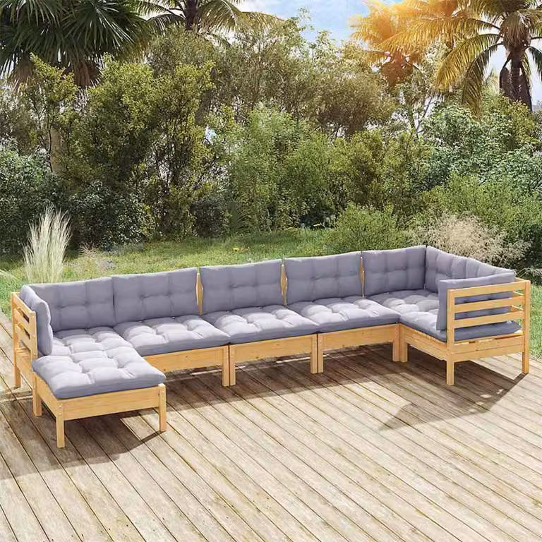 Set Divani da Giardino vidaXL 7 pz in Legno di Pino con Cuscini Grigi Moderni a Forma di L