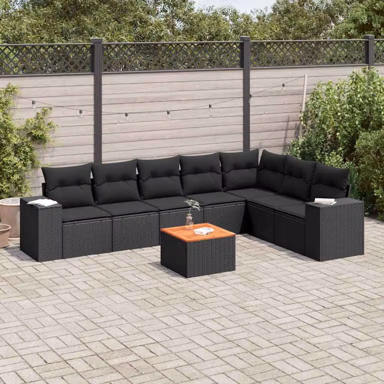 Set di divani da giardino vidaXL a forma di L in polyrattan nero con 8 pezzi, tavolo da caffè e cuscini con coperture rimovibili