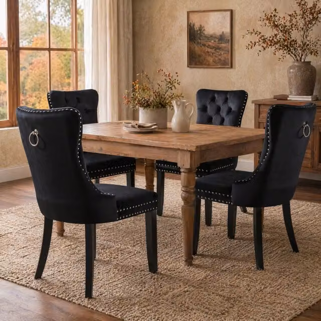 Sedia da sala da pranzo OKWISH in velluto nero con schienale alto e dettagli in legno, ideale per il tuo soggiorno o sala da pranzo
