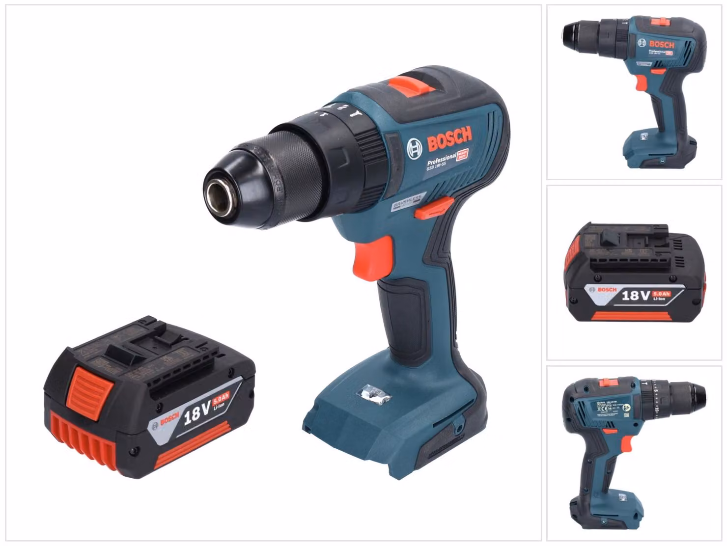 Bosch GSB 18V-55 Trapano a percussione professionale a batteria 18 V 55 Nm brushless + 1x batteria ricaricabile 5,0 Ah - senza caricabatterie