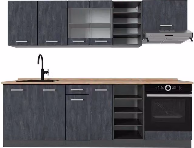 Cucina componibile moderna R-Line Vicco in Calce nera, Antracite e Rovere, L: 240 cm