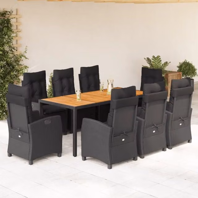 Set da pranzo da giardino vidaXL in legno di acacia e polyrattan nero con 9 pezzi e cuscini