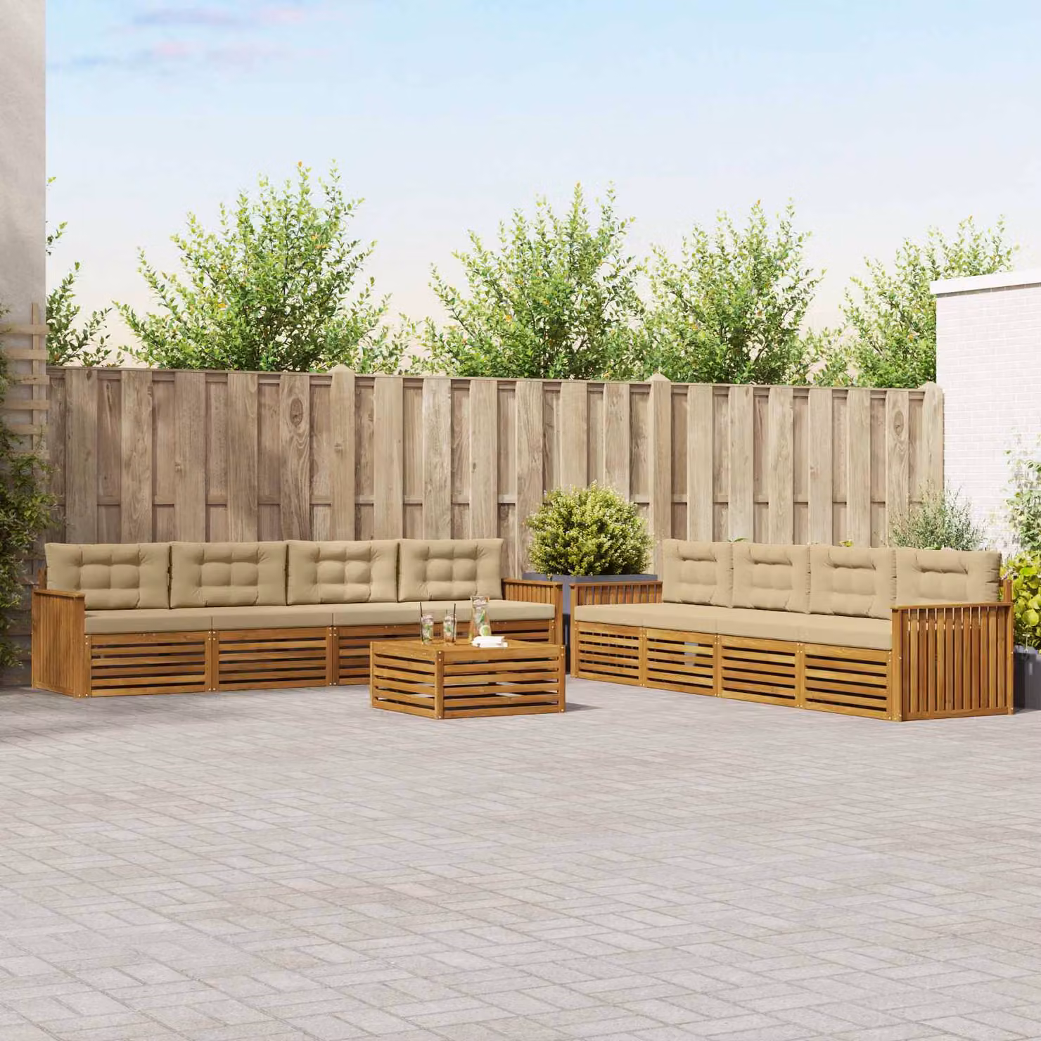 Set di divani da esterno vidaXL in legno di acacia con cuscini, colore beige e marrone