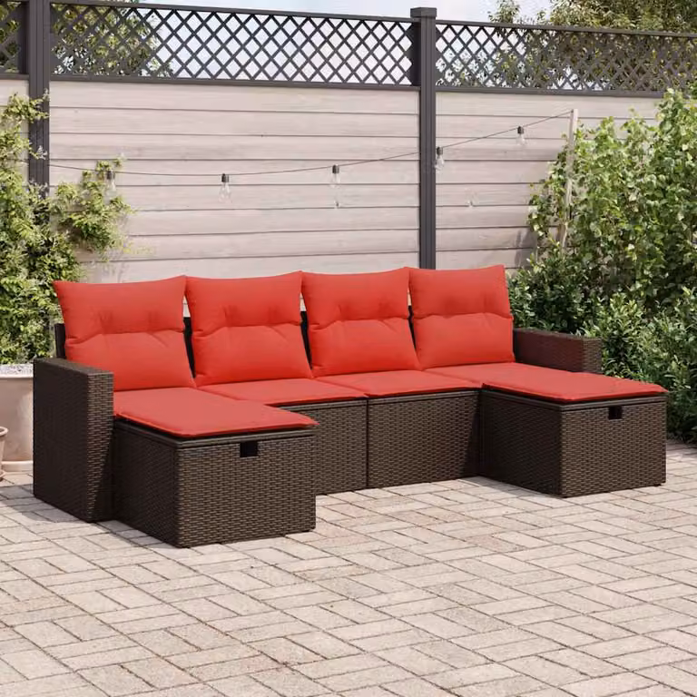Set Divano da Giardino vidaXL 6 pz a Forma a L con Cuscini Marrone e Rosso in Polyrattan e Metallo