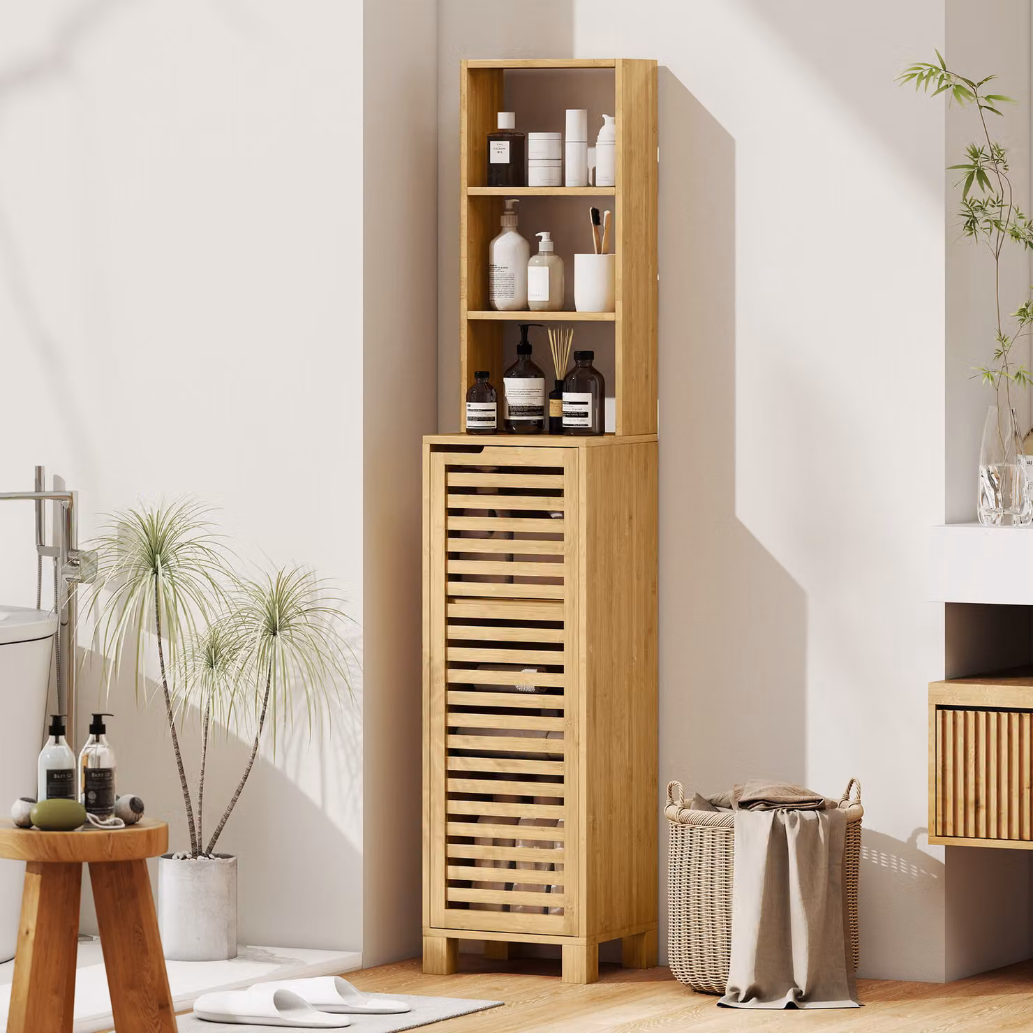 Armadio da Bagno Alto HOMCOM in Bambù con Ante a Lamelle e Ripiani Regolabili, Colore Naturale, L 34 cm x P 30 cm x H 170 cm – 2