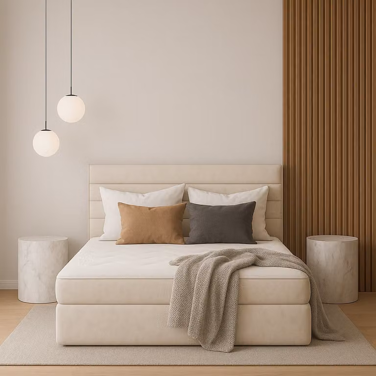 Letto imbottito GUTTO modello DAKOTA, dimensioni 120 x 200 cm, con 2 contenitori portaoggetti, topper da 5 cm incluso, rivestito in velluto beige