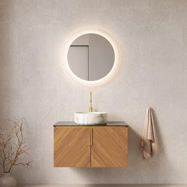 Mobile lavabo da bagno a parete 76 cm, top nero in pietra sinterizzata con lavandino ceramica bianco motivo pietra, mobile in compensato finitura rovere marrone 2 ante