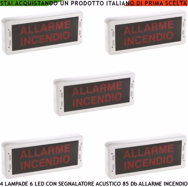 Set di 5 Segnalazioni Via di Fuga Securvera con Luce LED e Sirena 85 dB, Colore Rosso e Bianco, Installazione a Muro, Certificazione EN 54-3 e EN-54-23