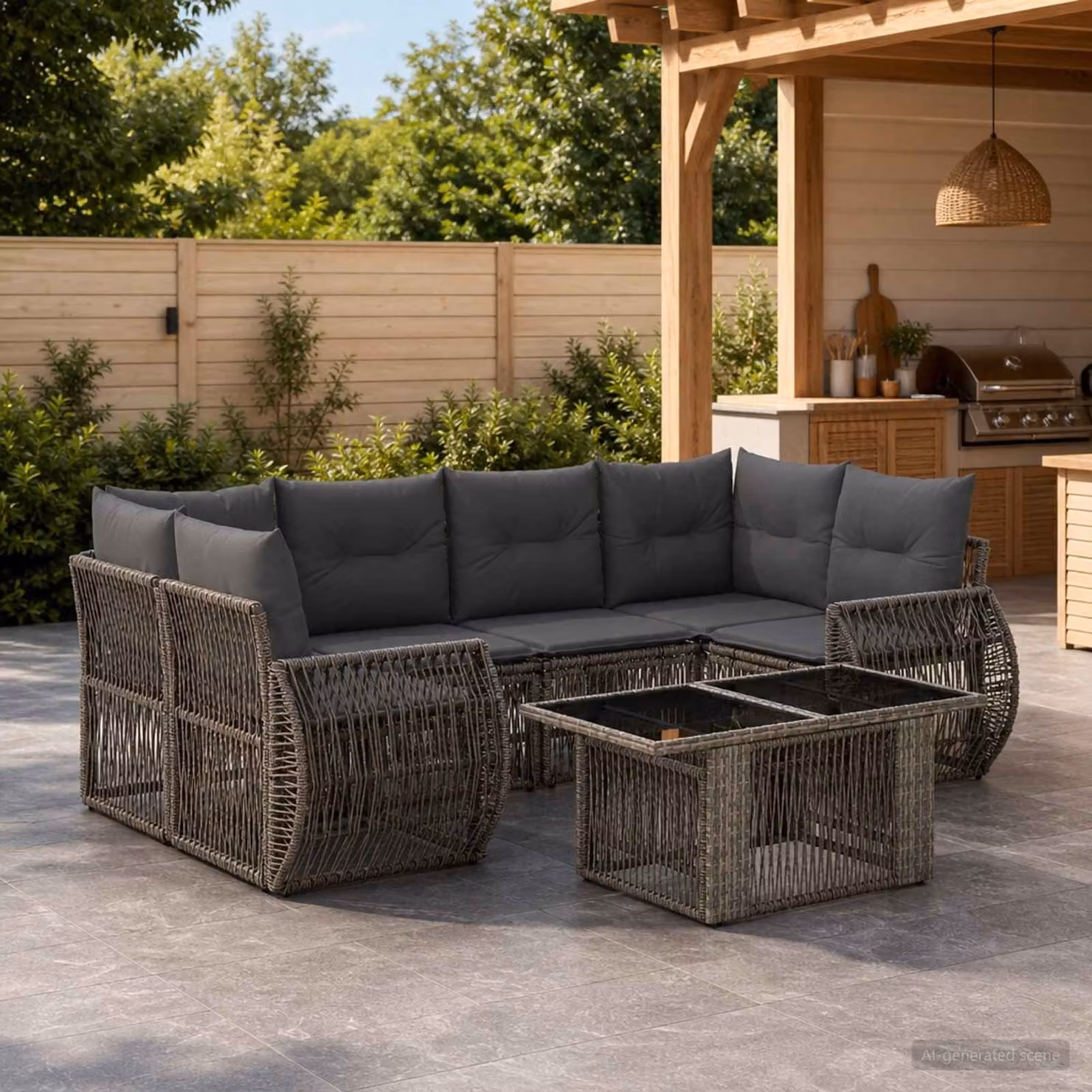 Set Divano da Giardino vidaXL 7 Pezzi in Polyrattan Grigio e Antracite con Tavolino e Cuscini