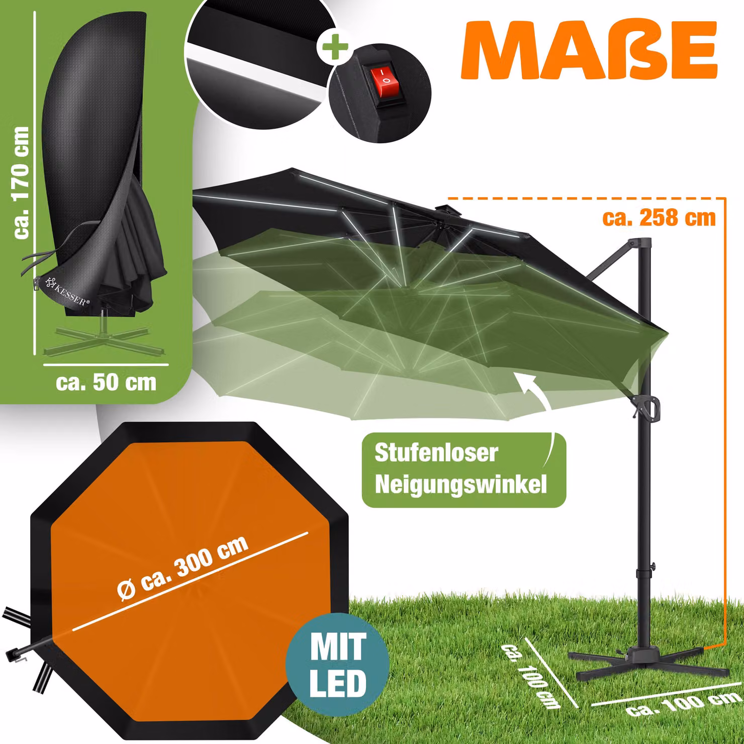 KESSER® Parasole per pergolati, modello SUN, diametro 330 cm, regolabile in 7 posizioni, rotazione a 360°, include copertura