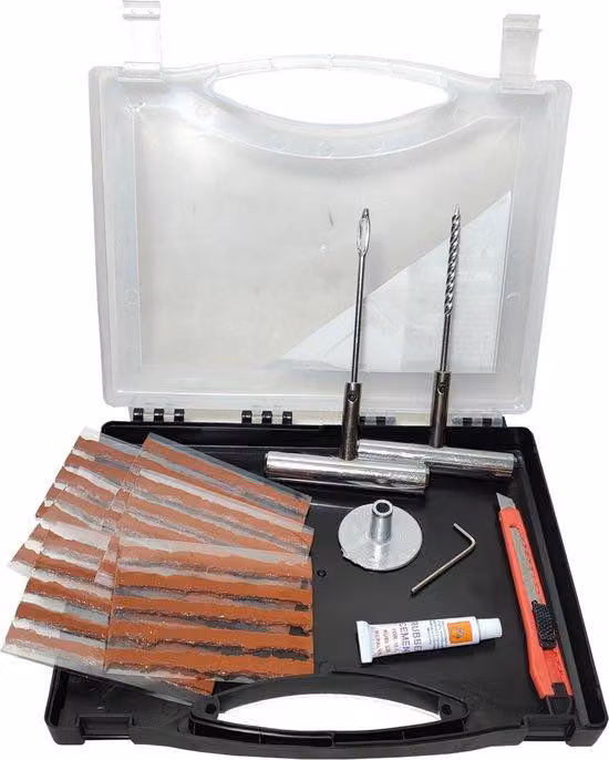 Kit professionale per la riparazione di pneumatici per auto, ideale per il montaggio fai-da-te, realizzato artigianalmente e completo di scatola di conservazione.