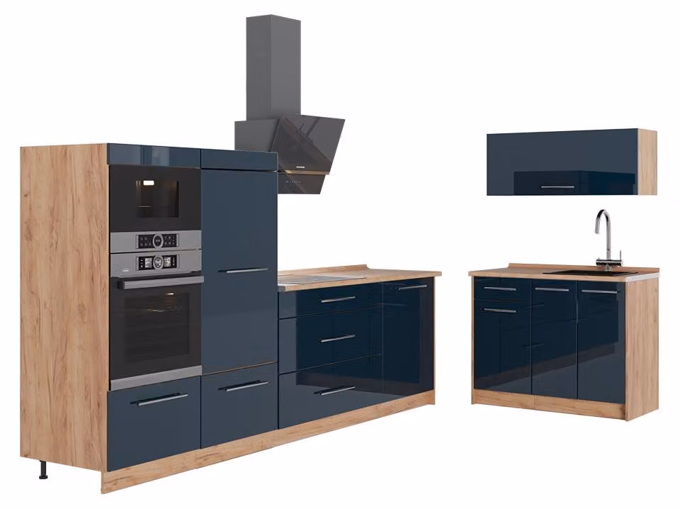 Cucina Vicco Fame-Line Blu scuro lucido/Rovere dorato 380 cm, PL Rovere, Model 65736