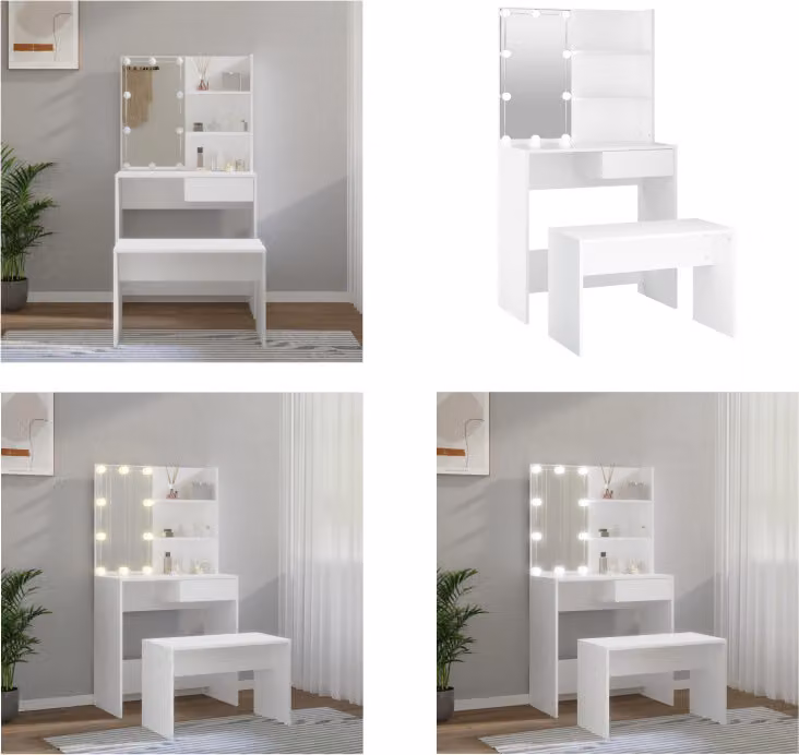 vidaXL Set di tavolini da toilette con LED in legno bianco - Set di tavolini da toilette con LED - Set di tavolini da toilette con LED - Set di tavolini da toilette - Tavolino da toilette con specchio