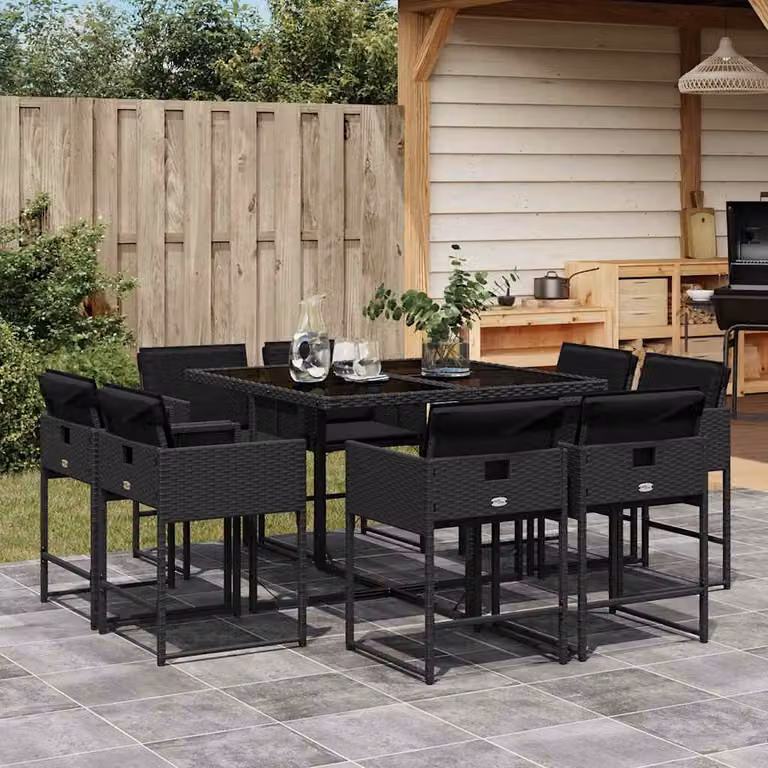 vidaXL Set da Pranzo da Giardino 9 pz in Polyrattan Nero con Cuscini e Tavolo in Vetro