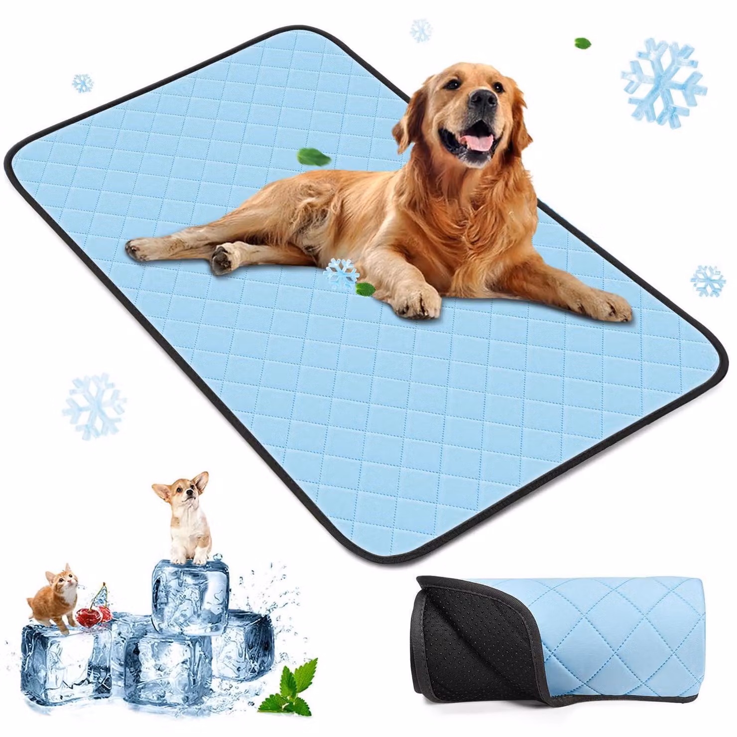 Tappetino refrigerante per cani e gatti, auto-raffreddante, lavabile, antiscivolo, 92 x 55 cm, azzurro chiaro
