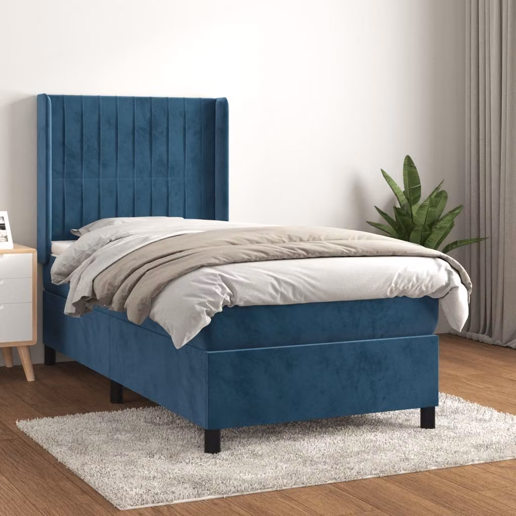 The Living Store Letto a molle con materasso blu scuro 90x190 cm in velluto