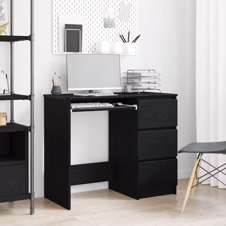 Scrivania moderna vidaXL in legno e MDF con cassettiera, colore nero e rovere, L 90 x P 45 x H 76 cm