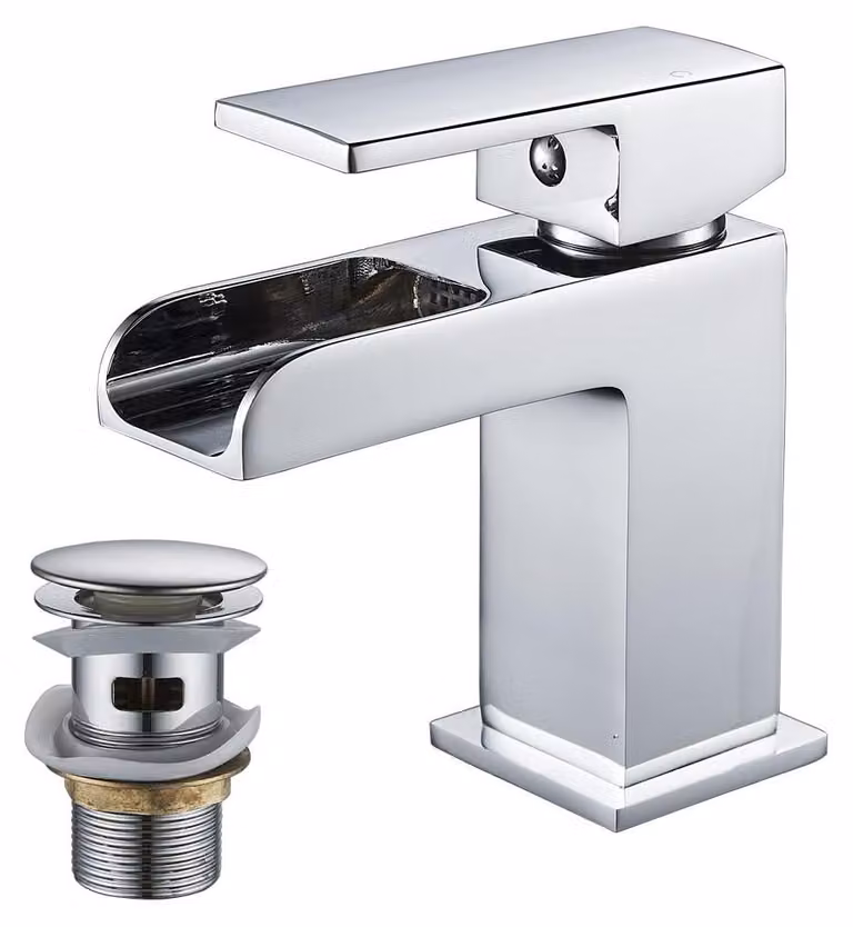 Miscelatore monocomando per lavabo a cascata, in ottone cromato, da installare su un foro
