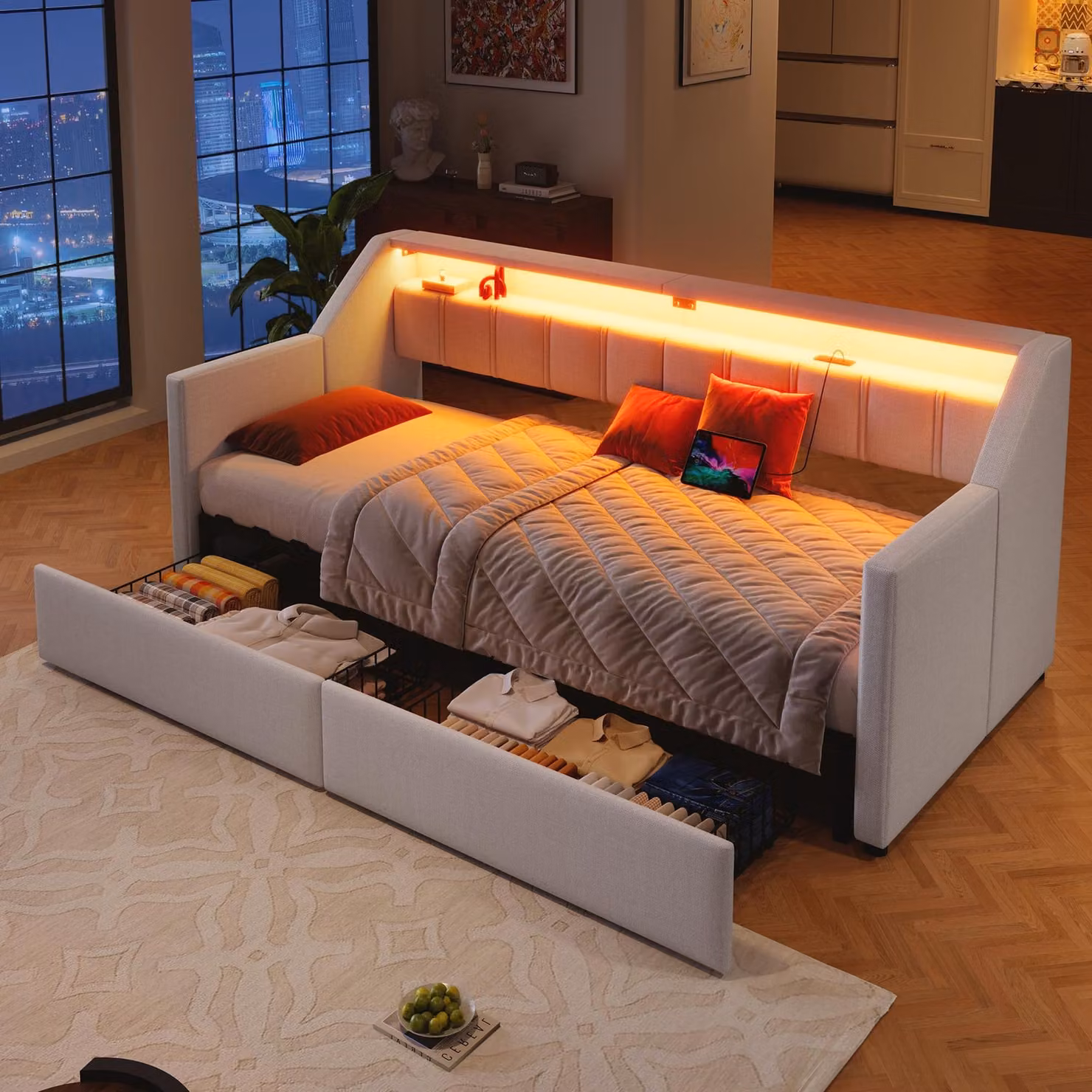 okwish Divano letto con letto estraibile 90×200, letto da giorno con 2 cassetti e 2 tasche portaoggetti, letto da giorno con illuminazione LED e USB + Type-C, senza materasso, beige
