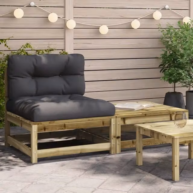 Divano da giardino vidaXL in legno di pino rustico con cuscini grigio antracite L: 140 cm, P: 70 cm, H: 67 cm