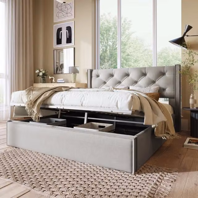 Letto matrimoniale imbottito 140 × 200 cm con vano contenitore testiera trapuntata cotone grigio chiaro