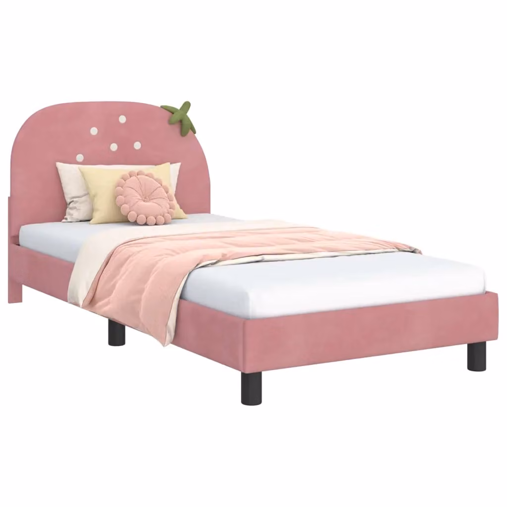 Struttura letto per bambini con testata e giroletto in velluto rosa, L 80 cm x P 200 cm, H 85 cm – 2