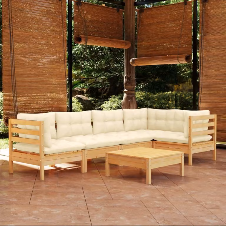 The Living Store Set da giardino da 6 pezzi con cuscini crema in legno di pino