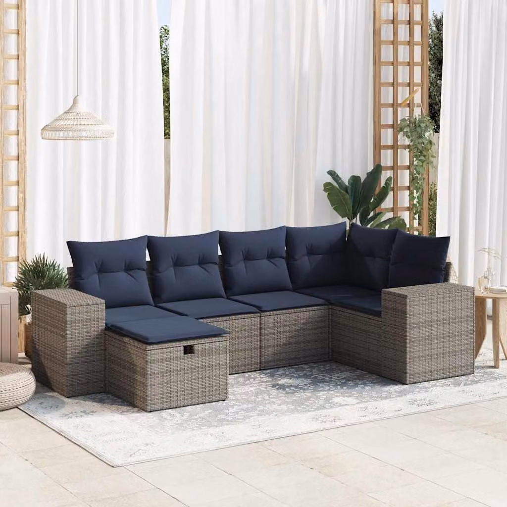 Set Divano da Giardino vidaXL 6 pz a Forma a L con Cuscini, Polyrattan e Struttura in Acciaio, Grigio e Blu