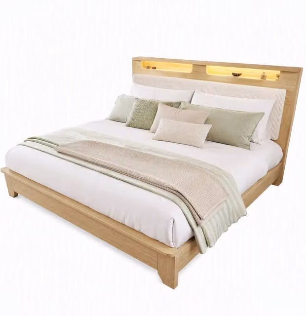 Letto matrimoniale 160x200 cm con materasso; LED e testiera contenitore beige