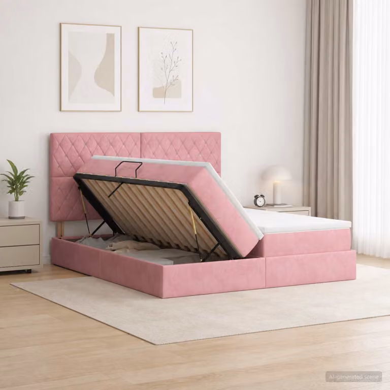 Letto con contenitore e testiera vidaXL in velluto rosa, L/P/H: 200 x 200 x 128 cm