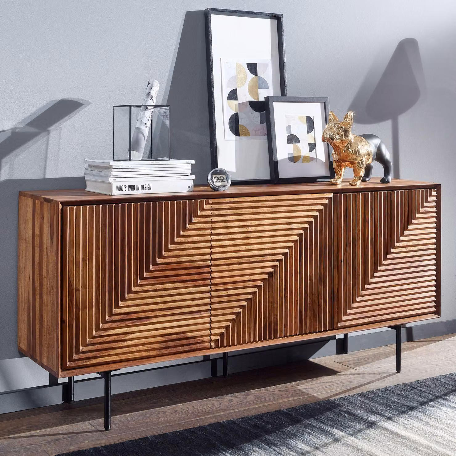 FineBuy Credenza in legno massiccio di Sheesham da 150 cm con 3 ante - Credenza solida e retrò con intaglio - Credenza naturale di design - Realizzata a mano - Industrial