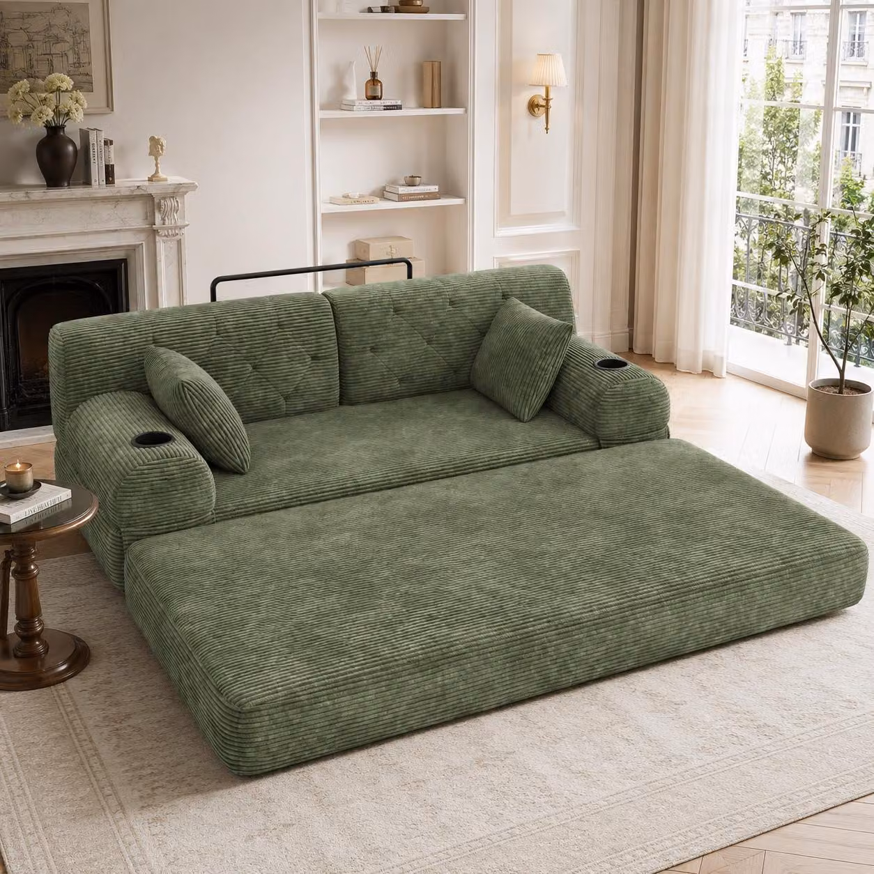 Divano MODFU multifunzionale, divano angolare a 2 posti modello Cord con schienale alto, divano relax con 4 tasche laterali e 2 portabicchieri, divano letto compatto e chaise longue, colore verde