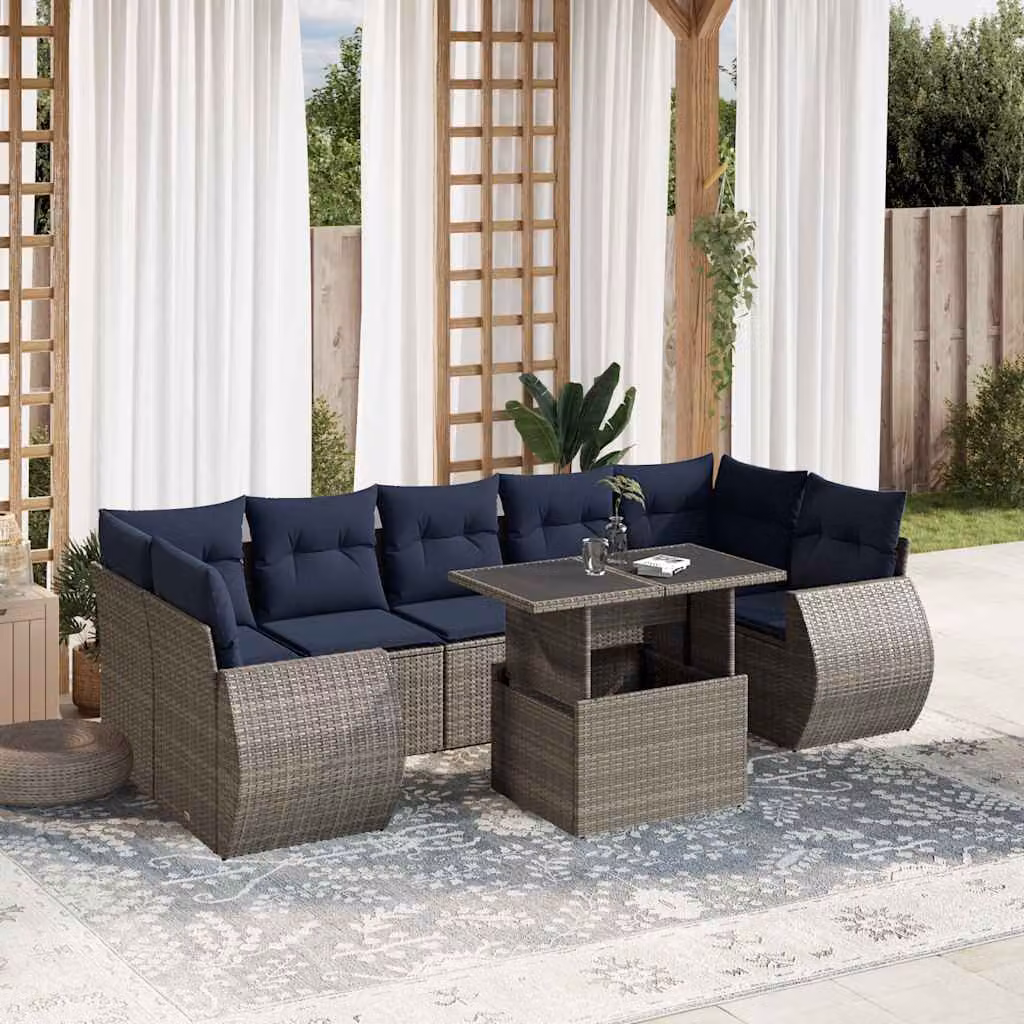 Set da giardino vidaXL in polyrattan grigio con 8 pezzi, divano a L con cuscini e tavolino da esterno
