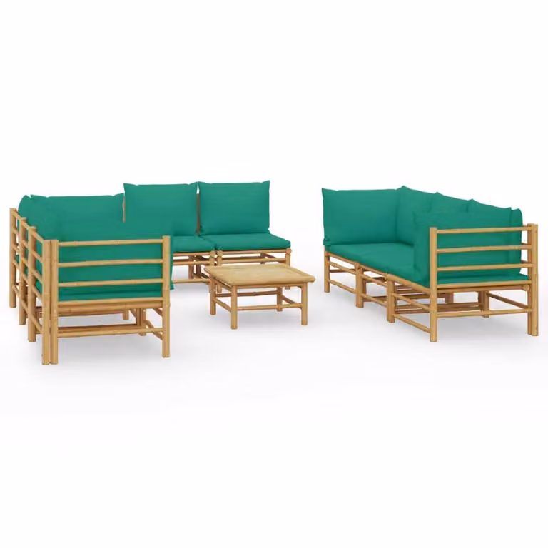 Set Salotto da Giardino 9pz con Cuscini Verdi Bambù