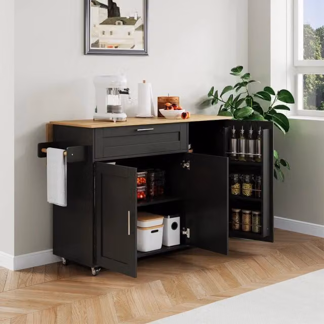 Carrello cucina ULEVR 132,5x44(70)x90 cm con piano pieghevole, cassetto, armadietti e 5 ruote, nero e naturale
