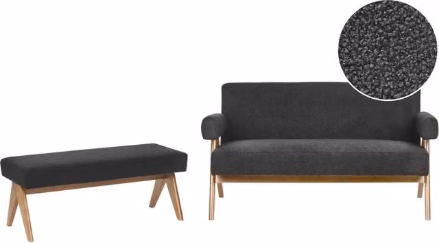 Set di divani Nero e marrone scuro Divano a 2 posti Panca Boucle Rivestimento Retro Design Gambe di legno Soggiorno