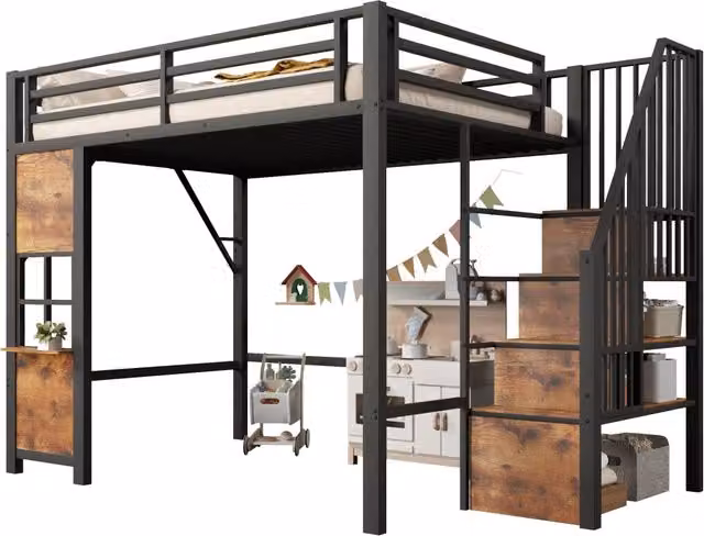 Letto a soppalco singolo con scala contenitore e spazio aperto in metallo e MDF, colore nero, L/P: 140 x 200 cm – 1