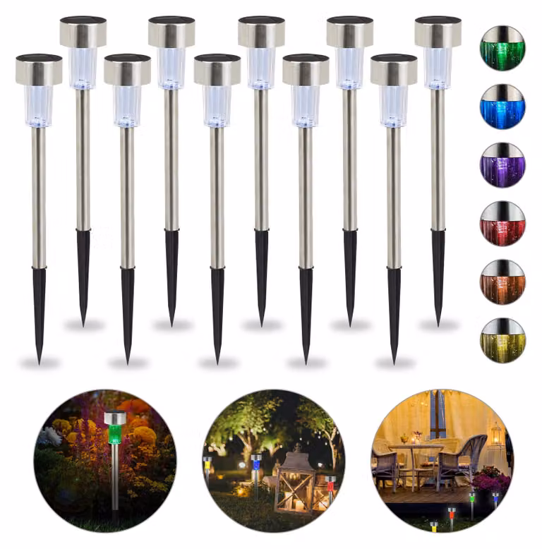 Set di 10 lampade solari a LED, con cambio di colore, in acciaio inossidabile, altezza 37 cm