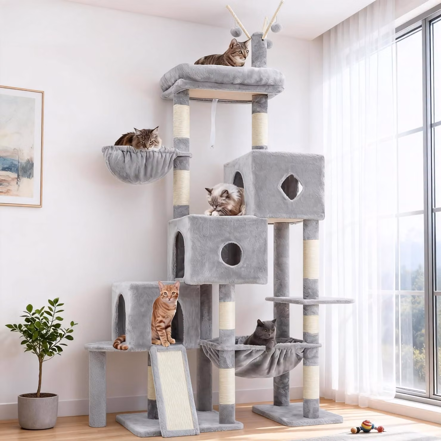 Albero per gatti a forma di scala, con 3 casette, una grande amaca, un tiragraffi in sisal, adatto per gatti di grossa taglia