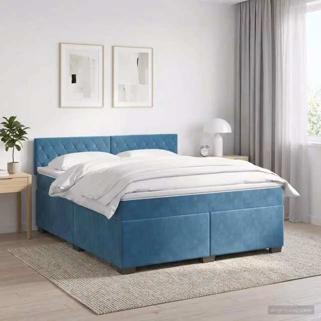 Letto box spring con materasso ibrido vidaXL in velluto blu scuro e bianco L/P: 140 x 190 cm – 1