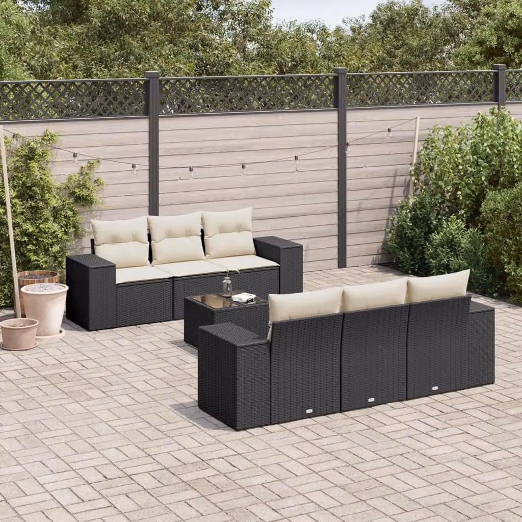 vidaXL Set Divani da Giardino a L con Cuscini 7pz Nero e Bianco in Polyrattan e Metallo – 1