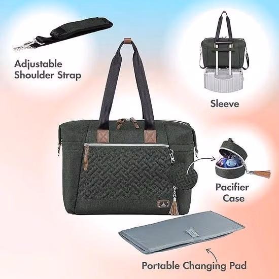 Borsa a tracolla multifunzionale per genitori con imbottiture e sottosterzo, verde oliva