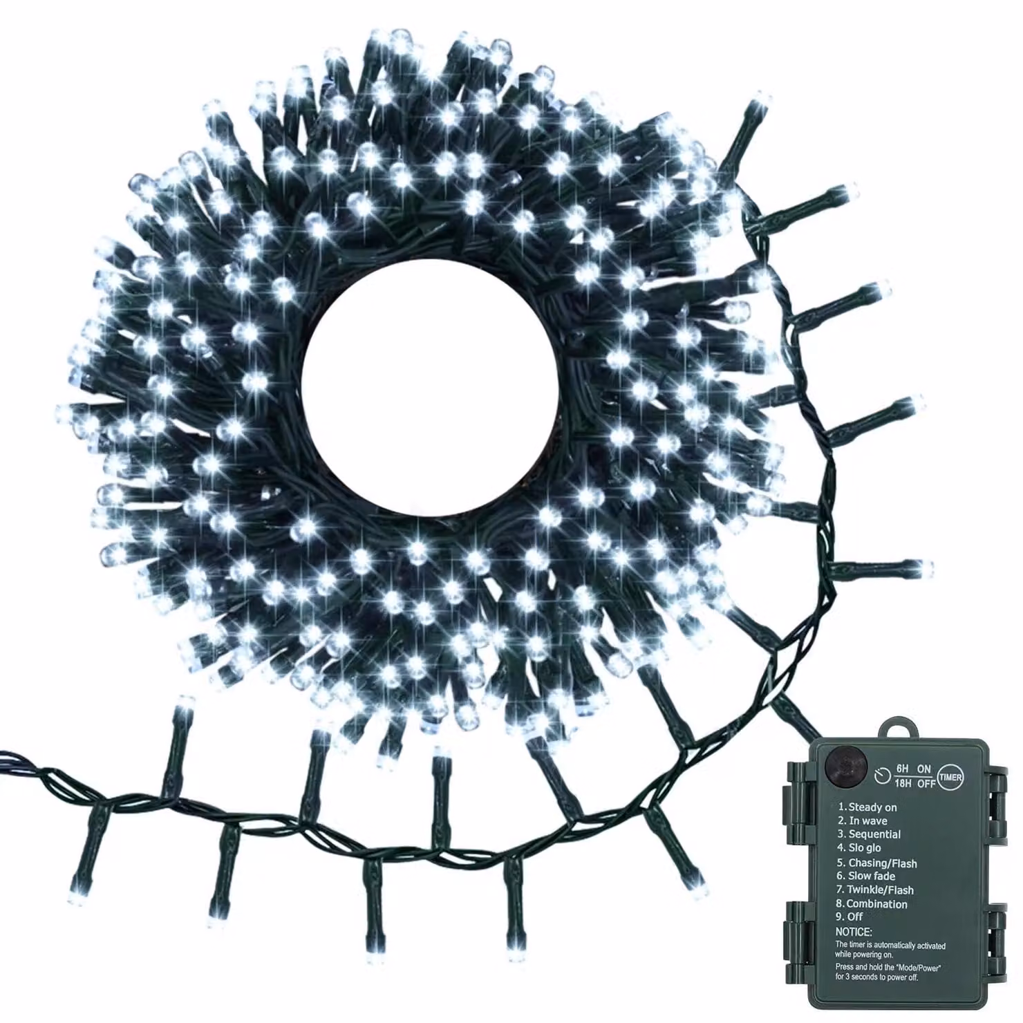 Catena luminosa a LED, lunghezza 3 metri, alimentazione a batteria, con timer, 8 modalità, luce bianca fredda