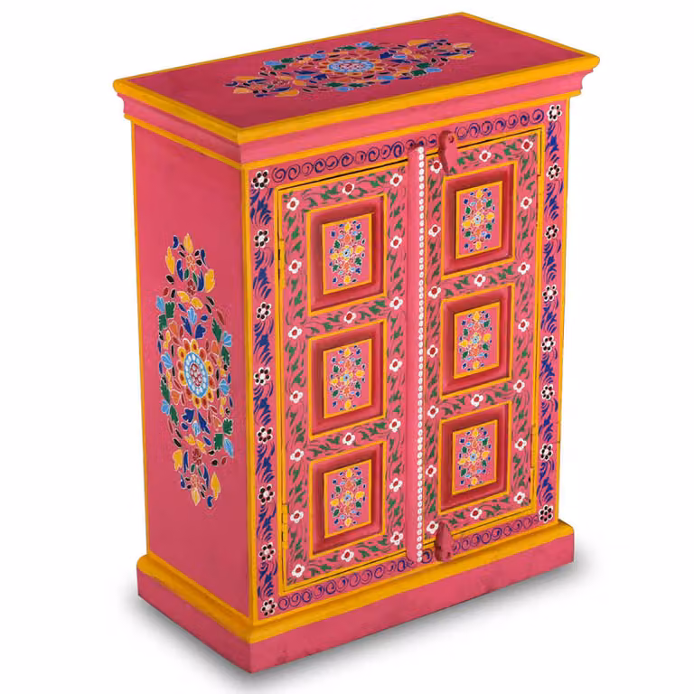 Credenza in legno massiccio rosa mango dipinta a mano