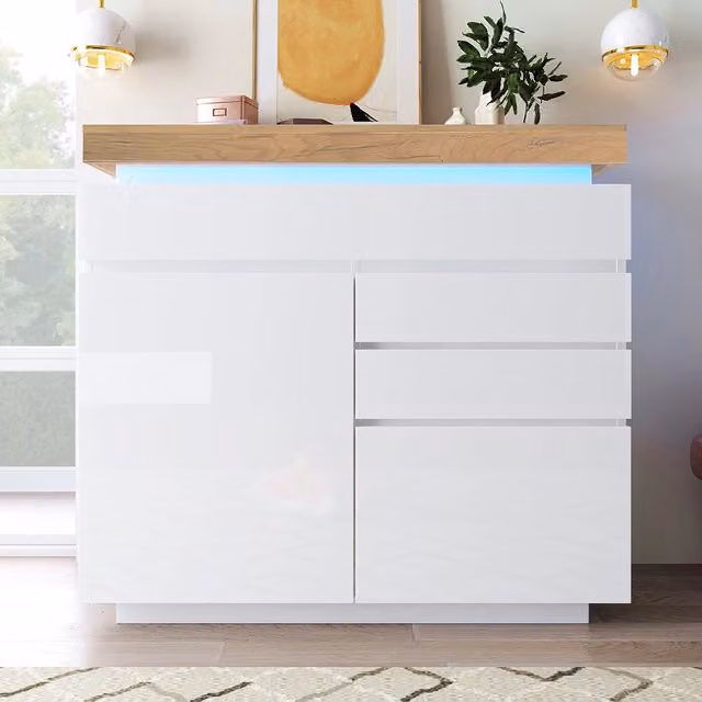 Buffet a specchio con 2 ante e 3 cassetti - Xylo - 115x110x39 cm - Bianco - Illuminazione LED (controllo app)