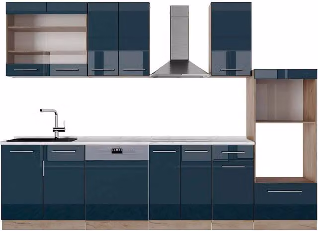 Cucina componibile Fame-Line Vicco Blu scuro lucido e Rovere dorato con armadio alto L: 300 cm