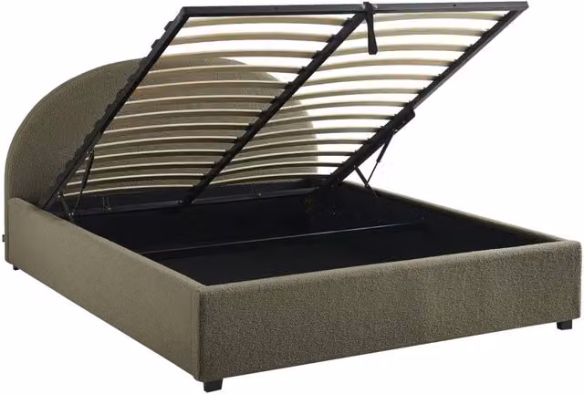 Struttura letto con contenitore e testiera imbottita bouclé,