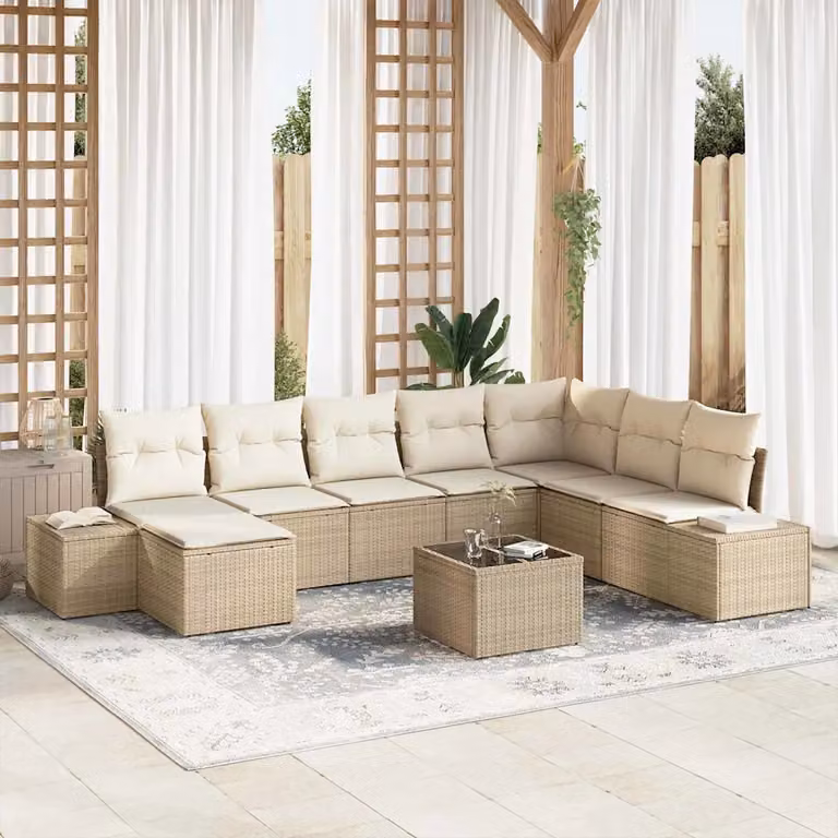 Set Divano da Giardino a L con Poltrona e Tavolino vidaXL, 9 Pezzi, Beige